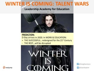 @charlieykim
@meghanmess
WINTER IS COMING: TALENT WARS
Leadership Academy for Education
January 31, 2018
PREDICTION:
D-Day arrives in 2020. In WORK & EDUCATION:
+ THE SUCCESSFUL…redesigned for the 21st Century
- THE REST…will be disrupted
 