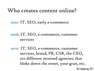 Who creates content online?
 2001: IT, SEO, early e-commerce

 2006: IT, SEO, e-commerce, customer
       services

 2012: IT, SEO, e-commerce, customer
       services, brand, PR, CSR, the CEO,
       six different retained agencies, that
       bloke down the street, your gran, etc.
 