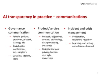 10
AI transparency in practice – communications
• Governance
communication
– People, policies,
protocols, process,
strateg...