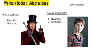 Wonka y Bucket : Adaptaciones
WILLY WONKA:
1. Biografía:
2. Madurez:
CHARLIE BUCKET:
1. Biografía:
2. Madurez:
ADAPTACIONES
 