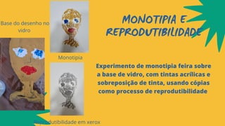 MONOTIPIA E
REPRODUTIBILIDADE
Experimento de monotipia feira sobre
a base de vidro, com tintas acrílicas e
sobreposição de tinta, usando cópias
como processo de reprodutibilidade
Reprodutibilidade em xerox
Monotipia
Base do desenho no
vidro
 