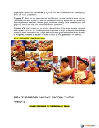 grupo aporta vitaminas y minerales y algunos también fibra Pertenecen a este grupo
todas las frutas y vegetales.
El grupo Nº 3 son los de origen animal, también son necesarios diariamente pero en
cantidad moderada, su función principal es la construcción y reparación de los tejidos y
aportan proteínas de buena calidad, grasa, vitaminas, hierro y calcio. Pertenecen a este
grupo las carnes de todo tipo, productos lácteos y el huevo.
El grupo Nº 4 está formado por las grasas y los azúcares. Este grupo se debe consumir
en muy poca cantidad, su función principal es proveer energía y además participan en
otras funciones importantes del cuerpo. Dentro de este grupo se encuentran los aceites,
la margarina, la natilla, el azúcar, el dulce de tapa, la miel, gaseosas y los confites.
NO AL CONSUMO DE COMIDA CHATARRA
ÁREA DE SEGURIDAD, SALUD OCUPACIONAL Y MEDIO
AMBIENTE
SIEMPRE PENSANDO EN TU SEGURIDAD Y SALUD
 