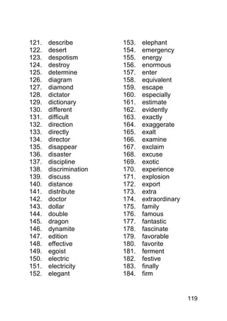 121.   describe         153.   elephant
122.   desert           154.   emergency
123.   despotism        155.   energy
124.   destroy          156.   enormous
125.   determine        157.   enter
126.   diagram          158.   equivalent
127.   diamond          159.   escape
128.   dictator         160.   especially
129.   dictionary       161.   estimate
130.   different        162.   evidently
131.   difficult        163.   exactly
132.   direction        164.   exaggerate
133.   directly         165.   exalt
134.   director         166.   examine
135.   disappear        167.   exclaim
136.   disaster         168.   excuse
137.   discipline       169.   exotic
138.   discrimination   170.   experience
139.   discuss          171.   explosion
140.   distance         172.   export
141.   distribute       173.   extra
142.   doctor           174.   extraordinary
143.   dollar           175.   family
144.   double           176.   famous
145.   dragon           177.   fantastic
146.   dynamite         178.   fascinate
147.   edition          179.   favorable
148.   effective        180.   favorite
149.   egoist           181.   ferment
150.   electric         182.   festive
151.   electricity      183.   finally
152.   elegant          184.   firm


                                               119
 