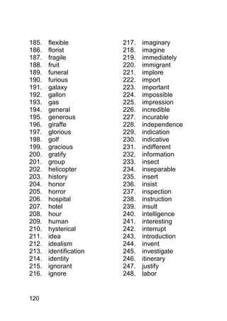 185.   flexible         217.   imaginary
186.   florist          218.   imagine
187.   fragile          219.   immediately
188.   fruit            220.   immigrant
189.   funeral          221.   implore
190.   furious          222.   import
191.   galaxy           223.   important
192.   gallon           224.   impossible
193.   gas              225.   impression
194.   general          226.   incredible
195.   generous         227.   incurable
196.   giraffe          228.   independence
197.   glorious         229.   indication
198.   golf             230.   indicative
199.   gracious         231.   indifferent
200.   gratify          232.   information
201.   group            233.   insect
202.   helicopter       234.   inseparable
203.   history          235.   insert
204.   honor            236.   insist
205.   horror           237.   inspection
206.   hospital         238.   instruction
207.   hotel            239.   insult
208.   hour             240.   intelligence
209.   human            241.   interesting
210.   hysterical       242.   interrupt
211.   idea             243.   introduction
212.   idealism         244.   invent
213.   identification   245.   investigate
214.   identity         246.   itinerary
215.   ignorant         247.   justify
216.   ignore           248.   labor


120
 