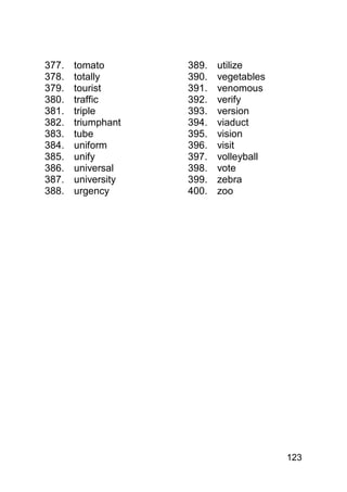377.   tomato       389.   utilize
378.   totally      390.   vegetables
379.   tourist      391.   venomous
380.   traffic      392.   verify
381.   triple       393.   version
382.   triumphant   394.   viaduct
383.   tube         395.   vision
384.   uniform      396.   visit
385.   unify        397.   volleyball
386.   universal    398.   vote
387.   university   399.   zebra
388.   urgency      400.   zoo




                                        123
 
