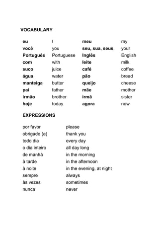 VOCABULARY

eu              I                 meu               my
você            you               seu, sua, seus    your
Português       Portuguese        Inglês            English
com             with              leite             milk
suco            juice             café              coffee
água            water             pão               bread
manteiga        butter            queijo            cheese
pai             father            mãe               mother
irmão           brother           irmã              sister
hoje            today             agora             now

EXPRESSIONS

por favor                please
obrigado (a)             thank you
todo dia                 every day
o dia inteiro            all day long
de manhã                 in the morning
à tarde                  in the afternoon
à noite                  in the evening, at night
sempre                   always
às vezes                 sometimes
nunca                    never
 