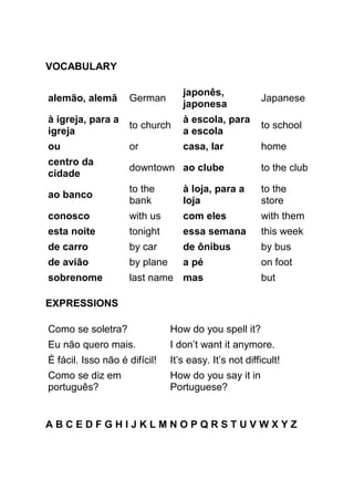 VOCABULARY

                                  japonês,
alemão, alemã       German                             Japanese
                                  japonesa
à igreja, para a                  à escola, para
                    to church                          to school
igreja                            a escola
ou                  or            casa, lar            home
centro da
                    downtown ao clube                  to the club
cidade
                    to the        à loja, para a       to the
ao banco
                    bank          loja                 store
conosco             with us       com eles             with them
esta noite          tonight       essa semana          this week
de carro            by car        de ônibus            by bus
de avião            by plane      a pé                 on foot
sobrenome           last name mas                      but

EXPRESSIONS

Como se soletra?               How do you spell it?
Eu não quero mais.             I don’t want it anymore.
É fácil. Isso não é difícil!   It’s easy. It’s not difficult!
Como se diz em                 How do you say it in
português?                     Portuguese?


ABCEDFGHIJKLMNOPQRSTUVWXYZ
 
