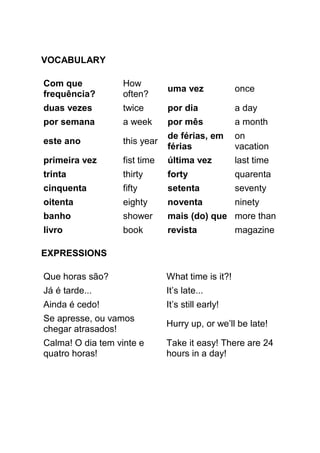 VOCABULARY

Com que           How
                              uma vez             once
frequência?       often?
duas vezes        twice       por dia             a day
por semana        a week      por mês             a month
                              de férias, em       on
este ano          this year
                              férias              vacation
primeira vez      fist time   última vez          last time
trinta            thirty      forty               quarenta
cinquenta         fifty       setenta             seventy
oitenta           eighty      noventa             ninety
banho             shower      mais (do) que more than
livro             book        revista             magazine

EXPRESSIONS

Que horas são?                What time is it?!
Já é tarde...                 It’s late...
Ainda é cedo!                 It’s still early!
Se apresse, ou vamos
                              Hurry up, or we’ll be late!
chegar atrasados!
Calma! O dia tem vinte e      Take it easy! There are 24
quatro horas!                 hours in a day!
 