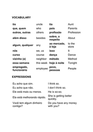 VOCABULARY

tio                uncle       tia                Aunt
que, quem          who         pais               Parents
outros, outras     others      profissão          Profession
                               sobre, a
além disso         besides                        About
                               respeito
                               ao mercado,        to the
algum, qualquer    any
                               à loja             store
nós                we, us      isso               It
curso              course      dança              Dance
vizinho (a)        neighbor    método             Method
essa semana        this week hoje à noite         Tonight
empregado,                     povo,
                   employee                       People
funcionário                    pessoas

EXPRESSIONS

Eu acho que sim.              I think so.
Eu acho que não.              I don’t think so.
Ele está mais ou menos.       He is so-so.
                              She is getting better
Ela está melhorando rápido.
                              quickly.
Você tem algum dinheiro       Do you have any money
contigo?                      with you?
 