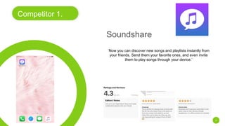 Competitor 1.
4
‘Now you can discover new songs and playlists instantly from
your friends. Send them your favorite ones, and even invite
them to play songs through your device.’
Soundshare
 