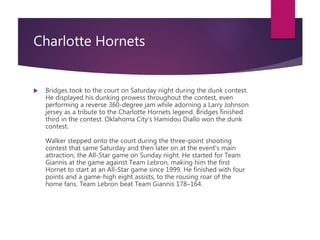 Charlotte Hornets
 Bridges took to the court on Saturday night during the dunk contest.
He displayed his dunking prowess ...