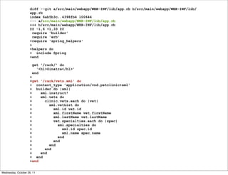 diff --git a/src/main/webapp/WEB-INF/lib/app.rb b/src/main/webapp/WEB-INF/lib/
                     app.rb
                     index 6ab5b3c..4398fb4 100644
                     --- a/src/main/webapp/WEB-INF/lib/app.rb
                     +++ b/src/main/webapp/WEB-INF/lib/app.rb
                     @@ -1,6 +1,33 @@
                       require 'builder'
                       require 'erb'
                     +require 'spring_helpers'
                     +
                     +helpers do
                     + include Spring
                     +end

                      get '/rack/' do
                        '<h1>Sinatra</h1>'
                      end
                     +
                     +get '/rack/vets.xml' do
                     + content_type 'application/vnd.petclinic+xml'
                     + builder do |xml|
                     +    xml.instruct!
                     +    xml.vets do
                     +      clinic.vets.each do |vet|
                     +        xml.vetList do
                     +          xml.id vet.id
                     +          xml.firstName vet.firstName
                     +          xml.lastName vet.lastName
                     +          vet.specialties.each do |spec|
                     +            xml.specialties do
                     +              xml.id spec.id
                     +              xml.name spec.name
                     +            end
                     +          end
                     +        end
                     +      end
                     +    end
                     + end
                     +end


Wednesday, October 26, 11
 