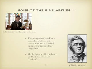 Some of the similarities...



Mr. Rochester 2011 Jane Eyre major motion picture



                                • The protagonist of Jane Eyre is
                                  both calm, intelligent and
                                  homely. Charlotte is described
                                  the same way in most of her
                                  biographies

                                • Mr. Rochester is said to be based
                                  on Thackeray, a friend of
                                  Charlotte’s.

                                                      8               William Thackeray
 