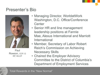 Presenter’s Bio<br /><ul><li>Managing Director, WorldatWork Washington, D.C. Office/Conference Center