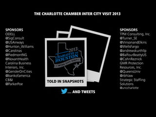 TOLD IN SNAPSHOTS
THE CHARLOTTE CHAMBER INTER CITY VISIT 2013
… AND TWEETS
 
