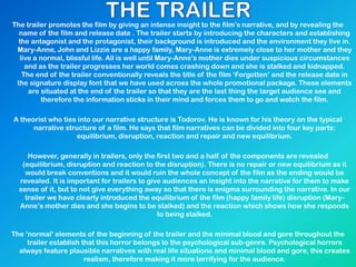 The trailer promotes the film by giving an intense insight to the film‟s narrative, and by revealing the
name of the film and release date . The trailer starts by introducing the characters and establishing
the antagonist and the protagonist, their background is introduced and the environment they live in.
Mary-Anne, John and Lizzie are a happy family, Mary-Anne is extremely close to her mother and they
live a normal, blissful life. All is well until Mary-Anne‟s mother dies under suspicious circumstances
and as the trailer progresses her world comes crashing down and she is stalked and kidnapped.
The end of the trailer conventionally reveals the title of the film „Forgotten‟ and the release date in
the signature display font that we have used across the whole promotional package. These elements
are situated at the end of the trailer so that they are the last thing the target audience see and
therefore the information sticks in their mind and forces them to go and watch the film.
A theorist who ties into our narrative structure is Todorov. He is known for his theory on the typical
narrative structure of a film. He says that film narratives can be divided into four key parts:
equilibrium, disruption, reaction and repair and new equilibrium.
However, generally in trailers, only the first two and a half of the components are revealed
(equilibrium, disruption and reaction to the disruption). There is no repair or new equilibrium as it
would break conventions and it would ruin the whole concept of the film as the ending would be
revealed. It is important for trailers to give audiences an insight into the narrative for them to make
sense of it, but to not give everything away so that there is enigma surrounding the narrative. In our
trailer we have clearly introduced the equilibrium of the film (happy family life) disruption (Mary-
Anne‟s mother dies and she begins to be stalked) and the reaction which shows how she responds
to being stalked.
The „normal‟ elements of the beginning of the trailer and the minimal blood and gore throughout the
trailer establish that this horror belongs to the psychological sub-genre. Psychological horrors
always feature plausible narratives with real life situations and minimal blood and gore, this creates
realism, therefore making it more terrifying for the audience.
 
