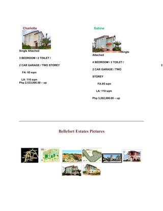 Charlotte                                  Sabine




Single Attached                                                     Single
                                            Attached
3 BEDROOM / 2 TOILET /
                                            4 BEDROOM / 2 TOILET /
2 CAR GARAGE / TWO STOREY                                                    3
                                            2 CAR GARAGE / TWO
  FA: 65 sqm
                                            STOREY
 LA: 110 sqm
Php 2,533,000.00 – up                          FA:85 sqm

                                              LA: 110 sqm

                                            Php 3,262,000.00 – up




                         Bellefort Estates Pictures
 