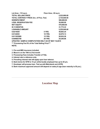 Lot Area ; 110 sq.m.                      Floor Area ; 65 sq.m.
TOTAL SELLING PRICE                                          2,533,000.00
TOTAL CONTRACT PRICE (Inc. of Proc. Fee)                     2,735,640.00
DOWNPAYMENT                                                  506,600.00
LESS: RESERVATION FEE                                        30,000.00
NET EQUITY                                                   476,600.00
IN 15 MONTHS                                                 31,773.33
LOANABLE AMOUNT                                              2,229,040.00
0.0214939                                 5 YRS.             49,903.34
0.0134935                                 10 YRS.            32,070.13
0.011053989                               15 YRS.            26,632.36
0.009983799                               20 YRS.            24,246.86
UPDATED SAMPLE COMPUTATION ONLY AS OF MAY 10,2010
*** Processing Fee 8% of the Total Selling Price***
NOTE:

1. Fire and MRI insurance included.
2. Move-in on the 19th to 21st month
3. Processing Fees includes Transfer of Title.
4. Interest rate is reference only.
5. Prevailing interest rate will apply upon loan takeout.
6. Bank terms for OFW is 15 yrs while locally employed has up to 25 yrs.
7. Developer will process loan. Tied up with Metrobank and UCPB.
8. Bank maximum approved amount will depend on salary & age (loan maturity is 55 yrs.).




                                       Location Map
 