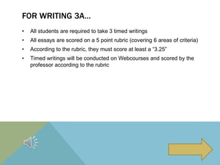 FOR WRITING 3A…
• All students are required to take 3 timed writings
• All essays are scored on a 5 point rubric (covering 6 areas of criteria)
• According to the rubric, they must score at least a “3.25”
• Timed writings will be conducted on Webcourses and scored by the
professor according to the rubric
 