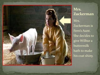 Mrs. ZuckermanMrs. Zuckerman is Fern’s Aunt.  She decides to give Wilbur a buttermilk bath to make his coat shiny.