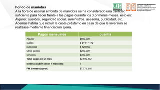 Fondo de maniobra
A la hora de estimar el fondo de maniobra se ha considerado una cantidad
suficiente para hacer frente a los pagos durante los 3 primeros meses, esto es:
Alquiler, sueldos, seguridad social, suministros, asesoría, publicidad, etc.
Además habría que incluir la cuota préstamo en caso de que la inversión se
realizase mediante financiación ajena.
Pagos mensuales cuantía
Alquiler $800.000
sueldo $ $1'117.172
publicidad $ 120.000
Otros gastos $200.000
servicios $300.000
Total pagos en un mes $2.590.172
Meses a cubrir con el f. maniobra 3
FM 3 meses (aprox) $7.776.516
 