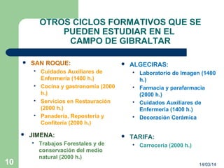 14/03/1410
OTROS CICLOS FORMATIVOS QUE SE
PUEDEN ESTUDIAR EN EL
CAMPO DE GIBRALTAR
 SAN ROQUE:
 Cuidados Auxiliares de
Enfermería (1400 h.)
 Cocina y gastronomía (2000
h.)
 Servicios en Restauración
(2000 h.)
 Panadería, Repostería y
Confitería (2000 h.)
 ALGECIRAS:
 Laboratorio de Imagen (1400
h.)
 Farmacia y parafarmacia
(2000 h.)
 Cuidados Auxiliares de
Enfermería (1400 h.)
 Decoración Cerámica
 JIMENA:
 Trabajos Forestales y de
conservación del medio
natural (2000 h.)
 TARIFA:
 Carrocería (2000 h.)
 