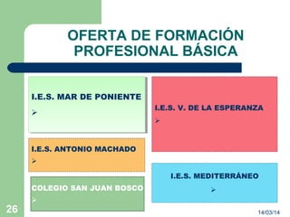 14/03/1426
OFERTA DE FORMACIÓN
PROFESIONAL BÁSICA
I.E.S. MAR DE PONIENTE

I.E.S. MAR DE PONIENTE

I.E.S. V. DE LA ESPERANZA

I.E.S. MEDITERRÁNEO

I.E.S. ANTONIO MACHADO

COLEGIO SAN JUAN BOSCO

 