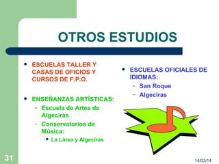 14/03/1431
OTROS ESTUDIOS
 ESCUELAS TALLER Y
CASAS DE OFICIOS Y
CURSOS DE F.P.O.
 ESCUELAS OFICIALES DE
IDIOMAS:
– San Roque
– Algeciras
 ENSEÑANZAS ARTÍSTICAS:
– Escuela de Artes de
Algeciras
– Conservatorios de
Música:
 La Línea y Algeciras
 