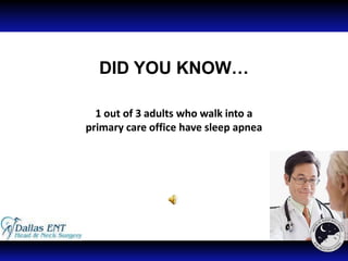 DID YOU KNOW… 1 out of 3 adults who walk into a  primary care office have sleep apnea 
