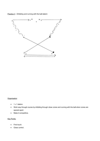 Practice 3 – Dribbling and running with the ball slalom

Organisation
•

1 v 1 slalom.

•

Work way through course by dribbling through close cones and running with the ball when cones are
spaced apart.

•

Make it competitive.

Key Points
•

First touch.

•

Close control.

 