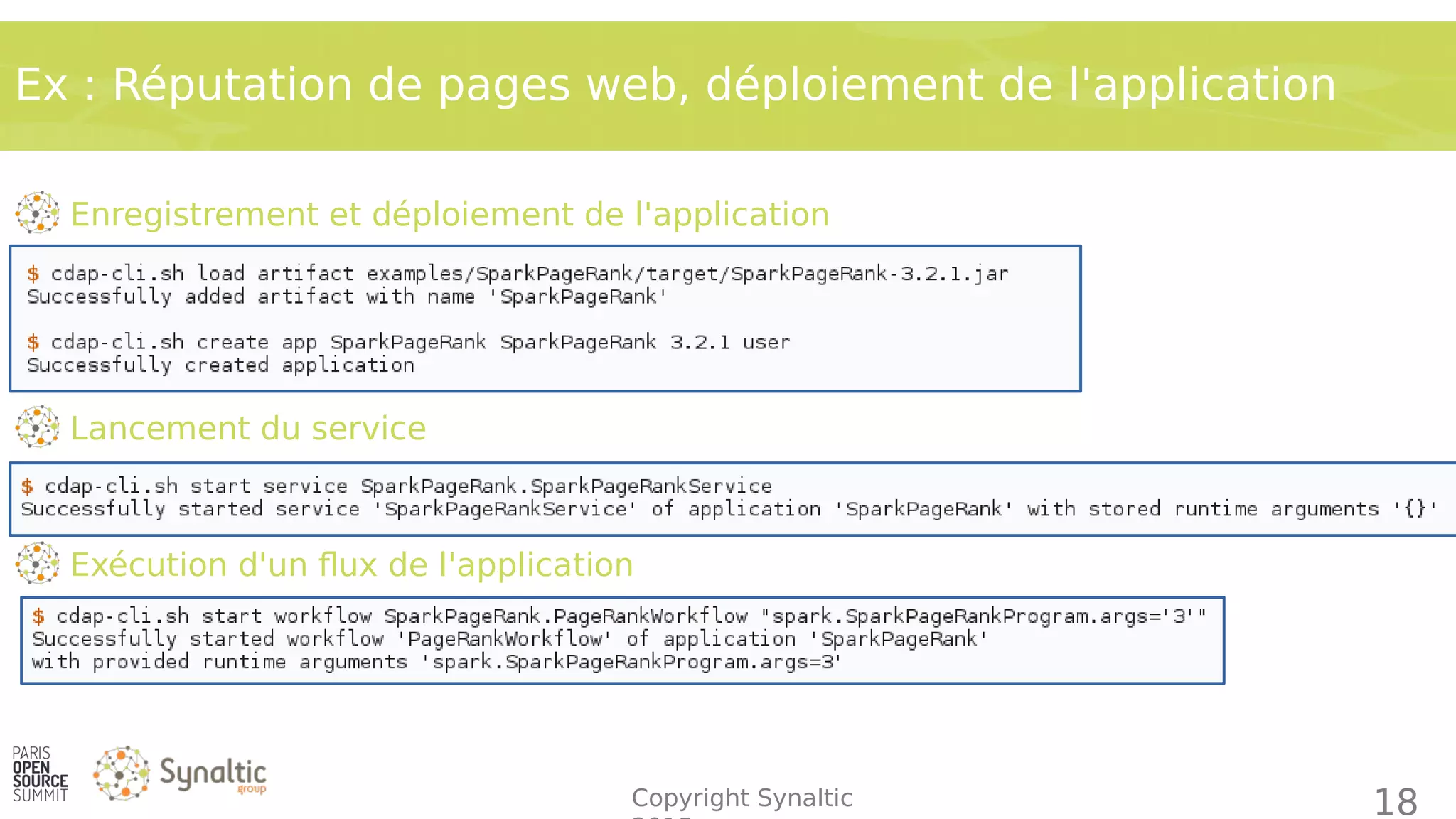 Copyright Synaltic
Ex : Réputation de pages web, déploiement de l'application
18
Enregistrement et déploiement de l'application
Lancement du service
Exécution d'un flux de l'application
 