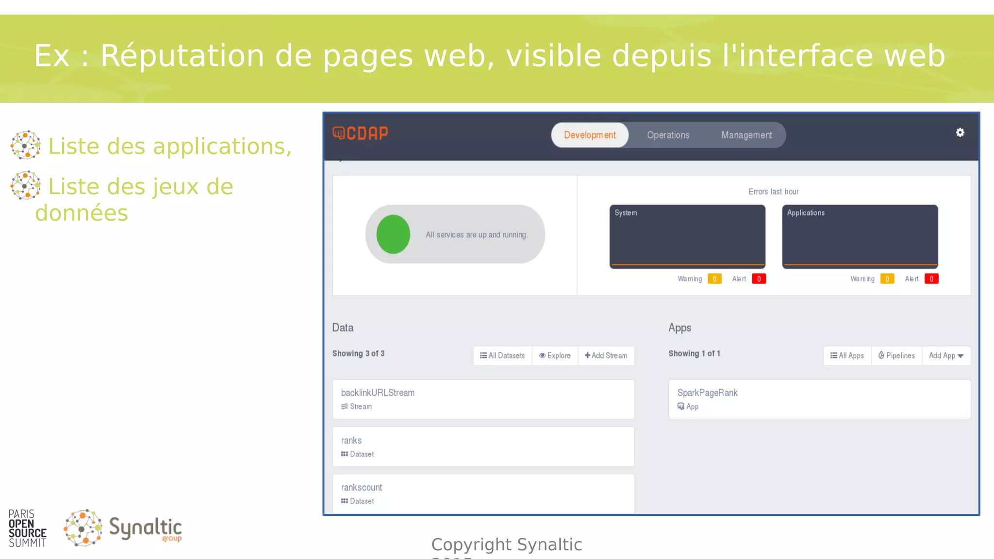 Copyright Synaltic
Ex : Réputation de pages web, visible depuis l'interface web
Liste des applications,
Liste des jeux de
données
 