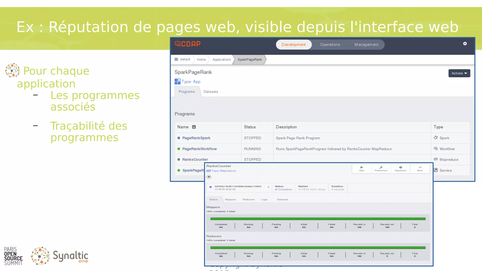 Copyright Synaltic
Ex : Réputation de pages web, visible depuis l'interface web
Pour chaque
application
– Les programmes
associés
– Traçabilité des
programmes
 