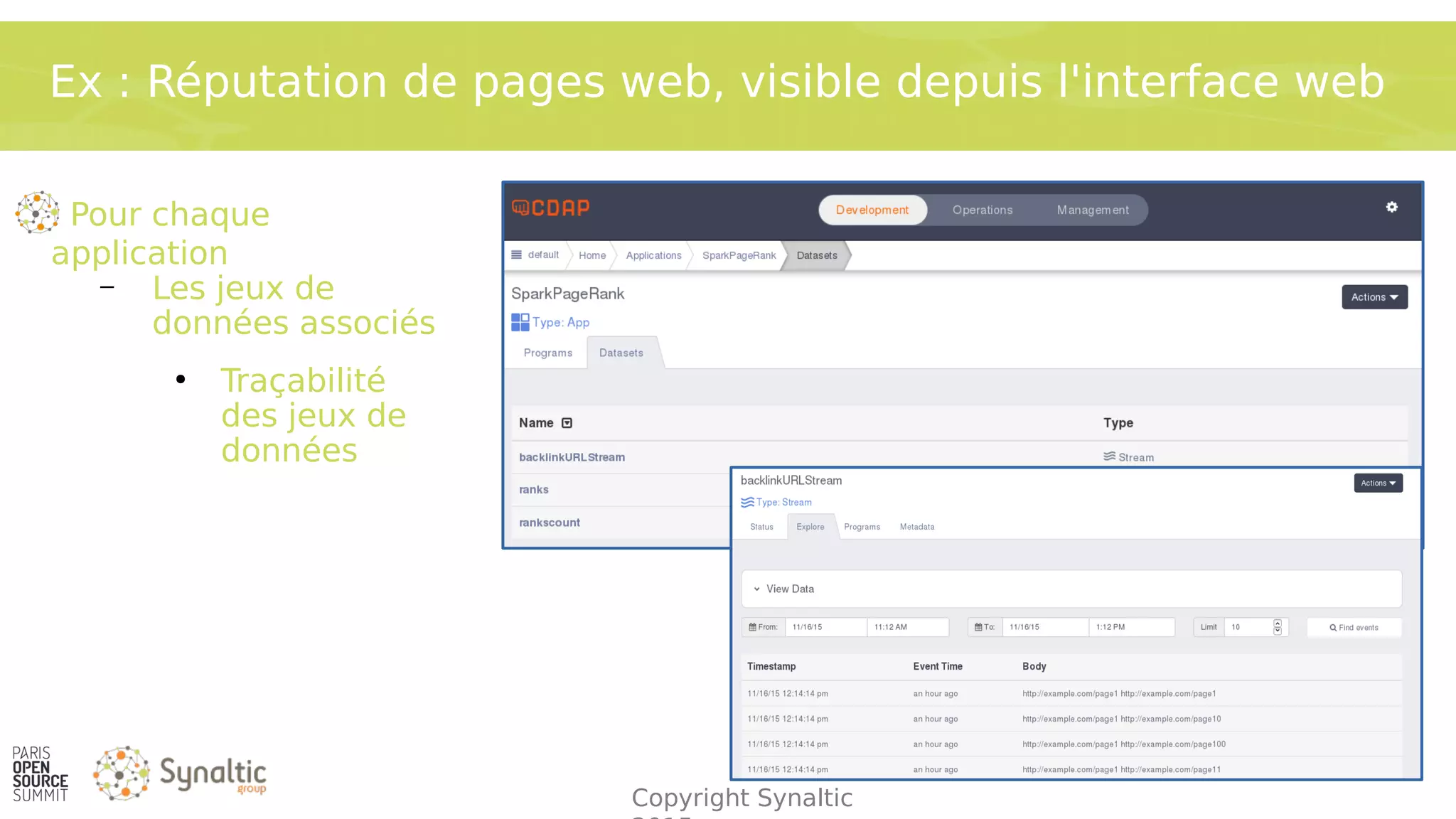 Copyright Synaltic
Ex : Réputation de pages web, visible depuis l'interface web
Pour chaque
application
– Les jeux de
données associés
●
Traçabilité
des jeux de
données
 