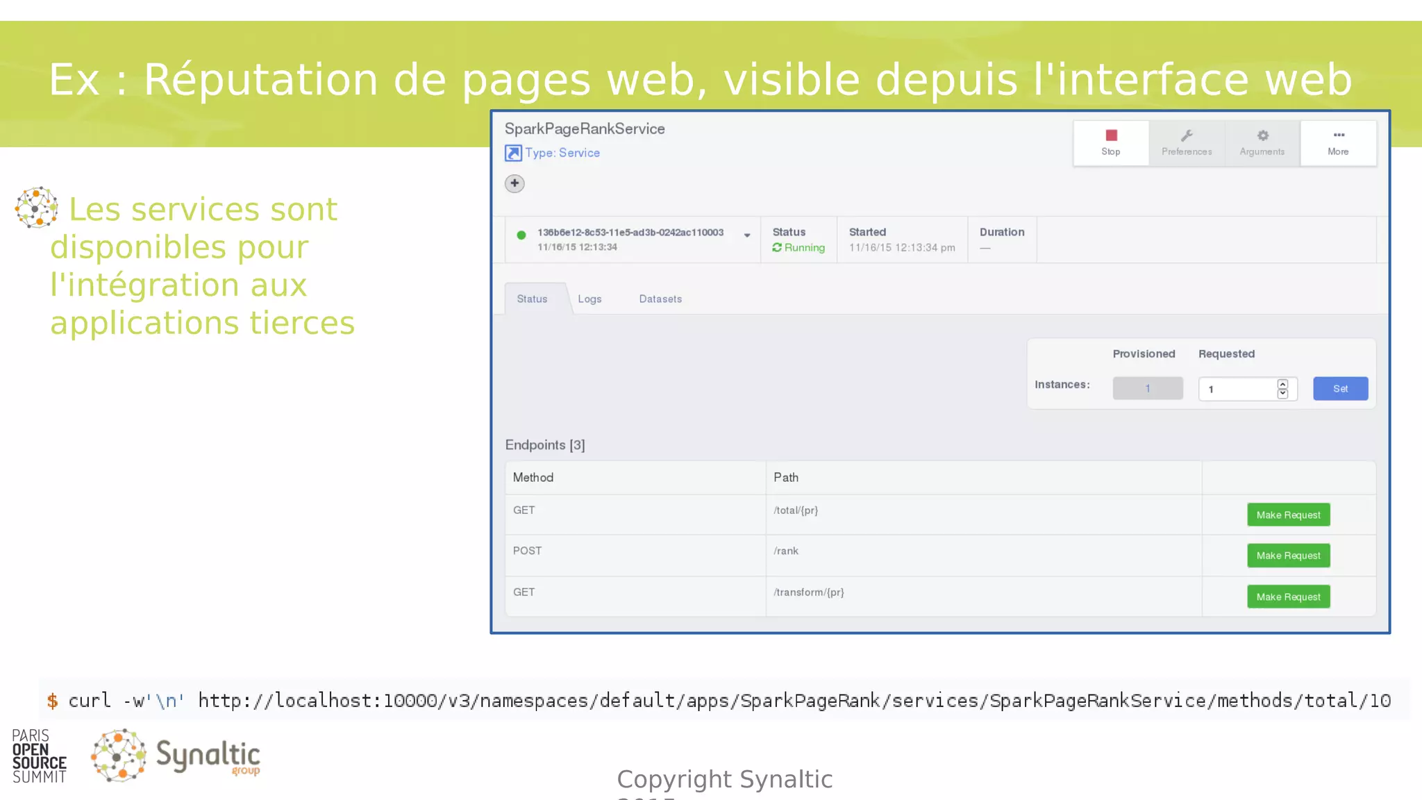 Copyright Synaltic
Ex : Réputation de pages web, visible depuis l'interface web
Les services sont
disponibles pour
l'intégration aux
applications tierces
 