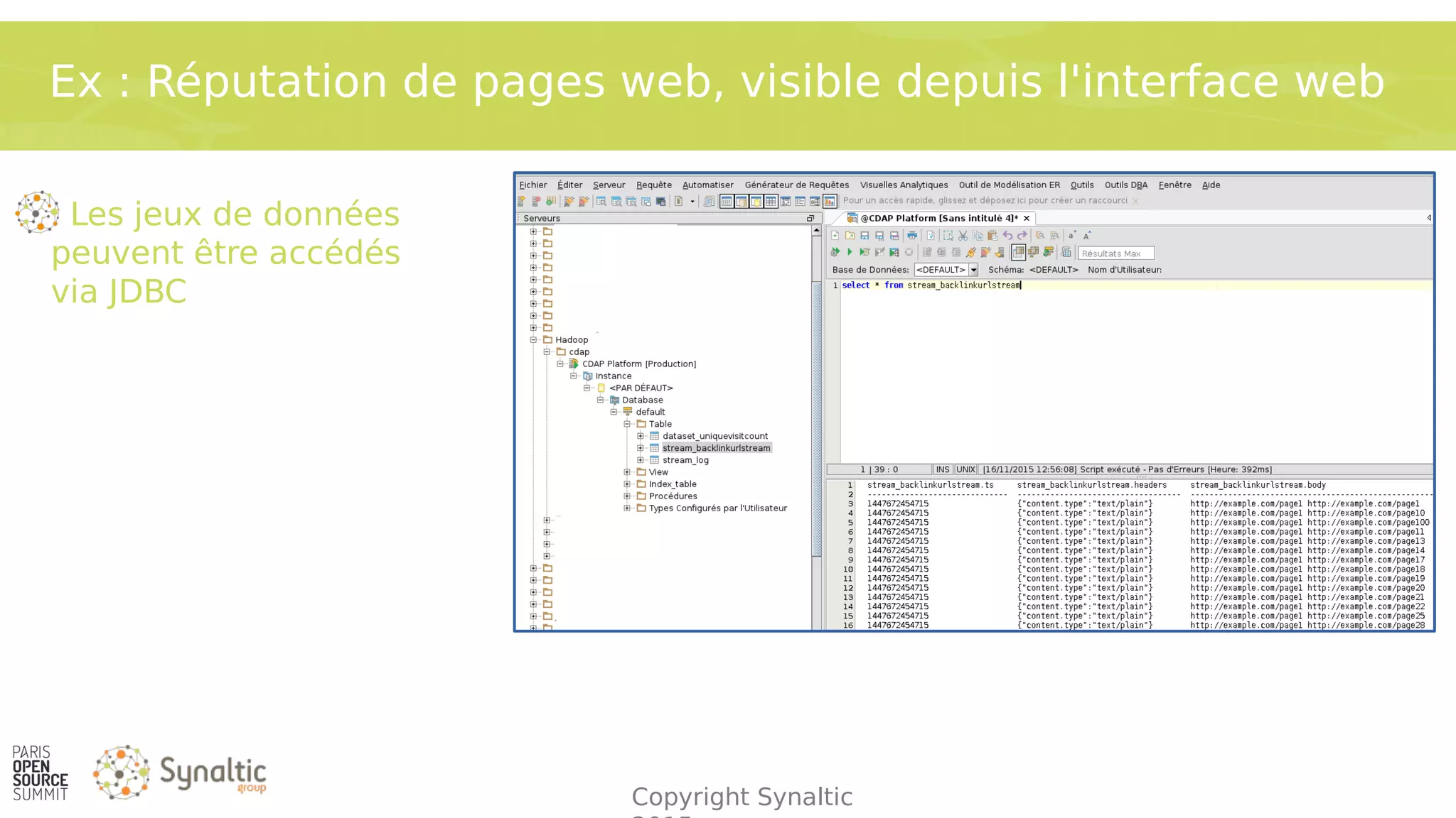 Copyright Synaltic
Ex : Réputation de pages web, visible depuis l'interface web
Les jeux de données
peuvent être accédés
via JDBC
 
