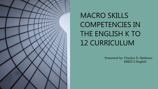 Presented by: Charlyn D. Baldesco
BSED-2 English
MACRO SKILLS
COMPETENCIES IN
THE ENGLISH K TO
12 CURRICULUM
 