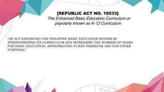 [REPUBLIC ACT NO. 10533]
The Enhanced Basic Education Curriculum or
popularly known as K-12 Curriculum.
“AN ACT ENHANCING THE PHILIPPINE BASIC EDUCATION SYSTEM BY
STRENGTHENING ITS CURRICULUM AND INCREASING THE NUMBER OF YEARS
FOR BASIC EDUCATION, APPROPRIATING FUNDS THEREFOR AND FOR OTHER
PURPOSES.”
 