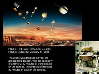 PROBE RELEASE December 24, 2004 PROBE DESCENT January 14, 2005 The probe was designed only for the atmospheric descent, with the possibility of another 3-30 minutes of transmission on the surface. The probe returned over 80 minutes of data on the surface.  