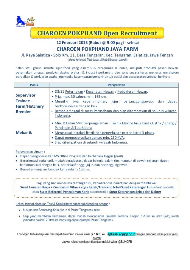 Charoen Pokphand Open Recruitment At Salatiga 12 Feb 2014