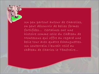 Un peu partout autour de Charolles,
on peut découvrir de belles fermes
fortifiées… Certaines ont une
histoire comme celle du Château de
Montessus qui offre au regard une
belle tour avec quatre échauguettes.
Un souterrain l’aurait relié au
château de Charles le Téméraire…
 