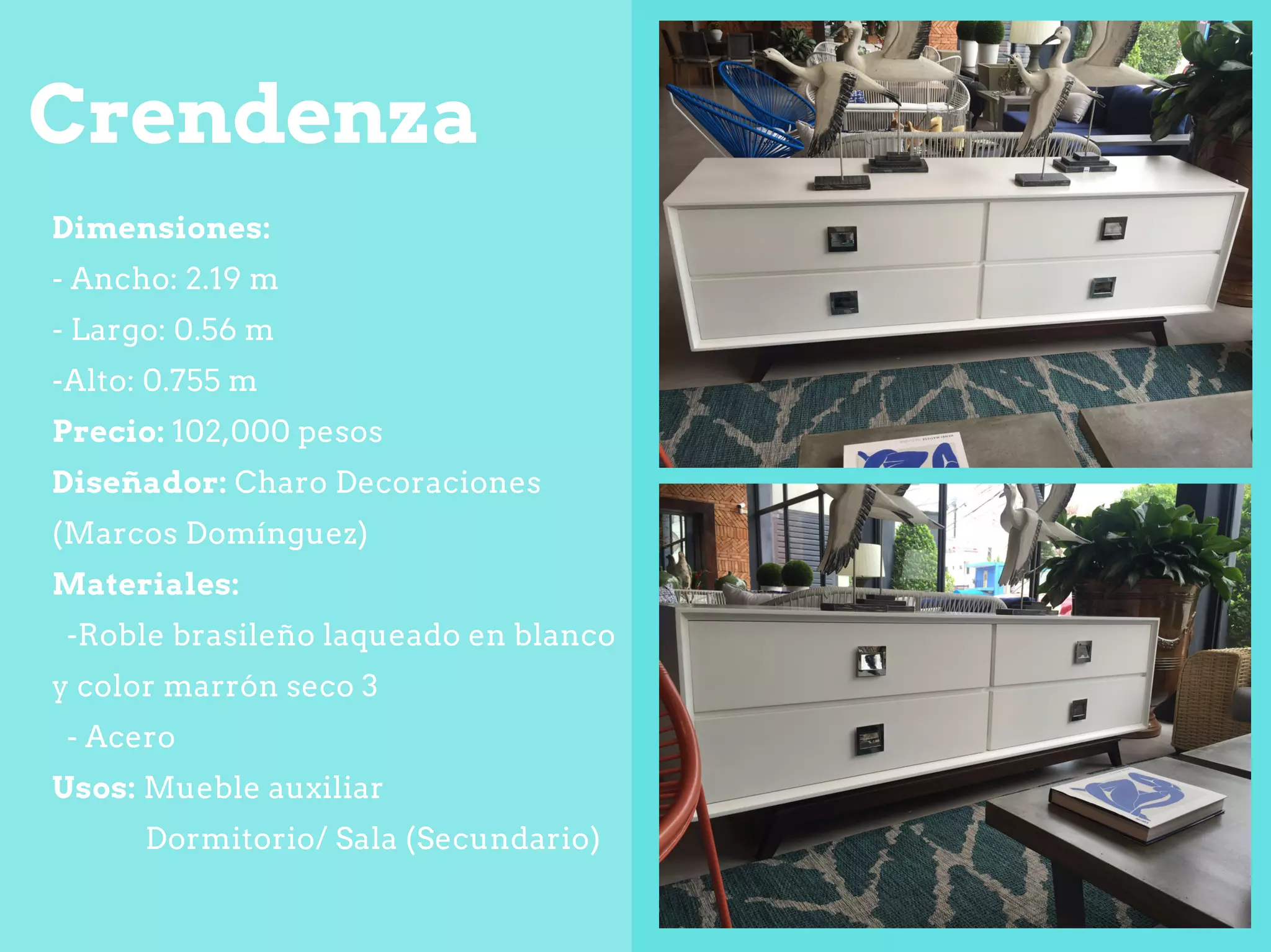 Dimensiones:
­ Ancho: 2.19 m
­ Largo: 0.56 m
­Alto: 0.755 m
Precio: 102,000 pesos
Diseñador: Charo Decoraciones
(Marcos Domínguez)
Materiales:
­Roble brasileño laqueado en blanco
y color marrón seco 3
­ Acero
Usos: Mueble auxiliar
Dormitorio/ Sala (Secundario)
Crendenza
 