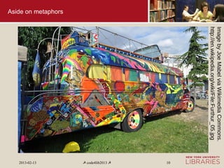 Image by Joe Mabel via Wikimedia Commons.
                     http://en.wikipedia.org/wiki/File:Furthur_05.jpg
                                                                          10
                                                                        ☭ code4lib2013 ☭
Aside on metaphors




                                                                          2013-02-13
 
