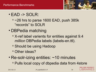 Performance Benchmarks


   • EAD -> SOLR:
         ~26 hrs to parse 1600 EAD, push 385k
          “records” to SOLR
   • DBPedia matching
         X-ref label varients for entities against 9.4
          million DBPedia labels (labels-en.ttl).
         Should be using Hadoop
         Other ideas?
   • Re-solr-izing entities: ~10 minutes
         Pulls local copy of dbpedia data from 4store
   2013-02-13            ☭ code4lib2013 ☭      30
 
