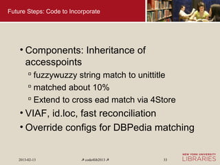 Future Steps: Code to Incorporate




    • Components: Inheritance of
      accesspoints
         fuzzywuzzy string match to unittitle
         matched about 10%
         Extend to cross ead match via 4Store
    • VIAF, id.loc, fast reconciliation
    • Override configs for DBPedia matching


   2013-02-13             ☭ code4lib2013 ☭   33
 