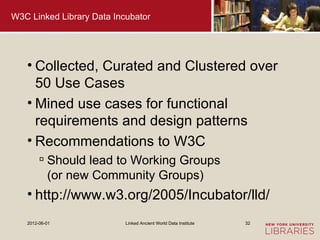 W3C Linked Library Data Incubator




   • Collected, Curated and Clustered over
     50 Use Cases
   • Mined use cases fo...
