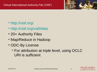 Linked Ancient World Data Institute2013-05-31 11
Virtual International Authority File (VIAF)
• http://viaf.org/
• http://viaf.org/viaf/data
• 20+ Authority Files
• Map/Reduce in Hadoop
• ODC-By License
 For attribution at triple level, using OCLC
URI is sufficient
 