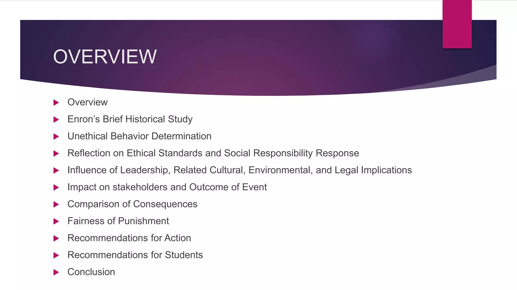 OVERVIEW
Overview
Enron’s Brief Historical Study
Unethical Behavior Determination
Reflection on Ethical Standards and Social Responsibility Response
Influence of Leadership, Related Cultural, Environmental, and Legal Implications
Impact on stakeholders and Outcome of Event
Comparison of Consequences
Fairness of Punishment
Recommendations for Action
Recommendations for Students
Conclusion