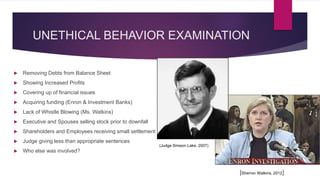 UNETHICAL BEHAVIOR EXAMINATION
 Removing Debts from Balance Sheet
 Showing Increased Profits
 Covering up of financial issues
 Acquiring funding (Enron & Investment Banks)
 Lack of Whistle Blowing (Ms. Watkins)
 Executive and Spouses selling stock prior to downfall
 Shareholders and Employees receiving small settlement
 Judge giving less than appropriate sentences
 Who else was involved?
(Sherron Watkins, 2012)
(Judge Simeon Lake, 2007)
 