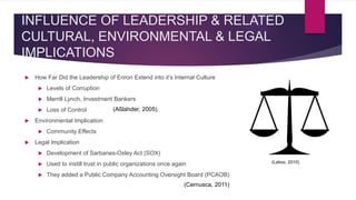 INFLUENCE OF LEADERSHIP & RELATED
CULTURAL, ENVIRONMENTAL & LEGAL
IMPLICATIONS
 How Far Did the Leadership of Enron Extend into it’s Internal Culture
 Levels of Corruption
 Merrill Lynch, Investment Bankers
 Loss of Control
 Environmental Implication
 Community Effects
 Legal Implication
 Development of Sarbanes-Oxley Act (SOX)
 Used to instill trust in public organizations once again
 They added a Public Company Accounting Oversight Board (PCAOB)
(Aßländer, 2005)
(Laboc, 2010)
(Cernusca, 2011)
 